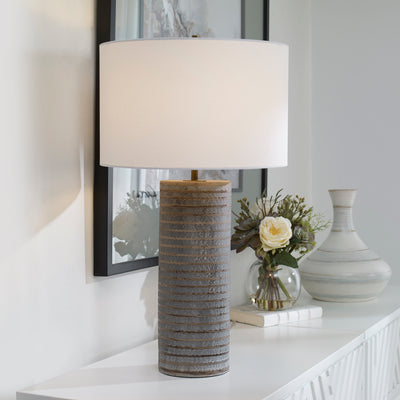 This Ceramic Table Lamp Showcases A Rustic Chiseled Texture With Frosted Pewter Gray Undertones And Organic Carved Accents...