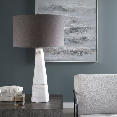 Modern Yet Classic, This Table Lamp Displays An Elegant White Honed Marble Base With Natural Gray Veining And Metal Accent...