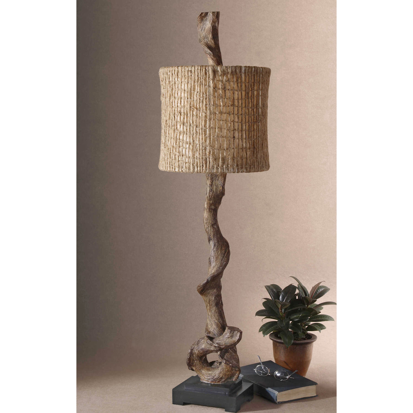 Weathered Driftwood Finish With A Matching Finial And A Matte Black Base. The Round Drum Shade Is Burlap Twine With An Ope...