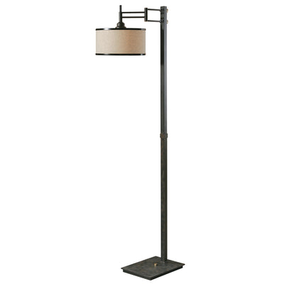 Metal Lamp Has A Mottled Dark Chocolate Bronze Finish With Brushed Coffee Bronze Accents. The Round, Hardback Drum Shade I...