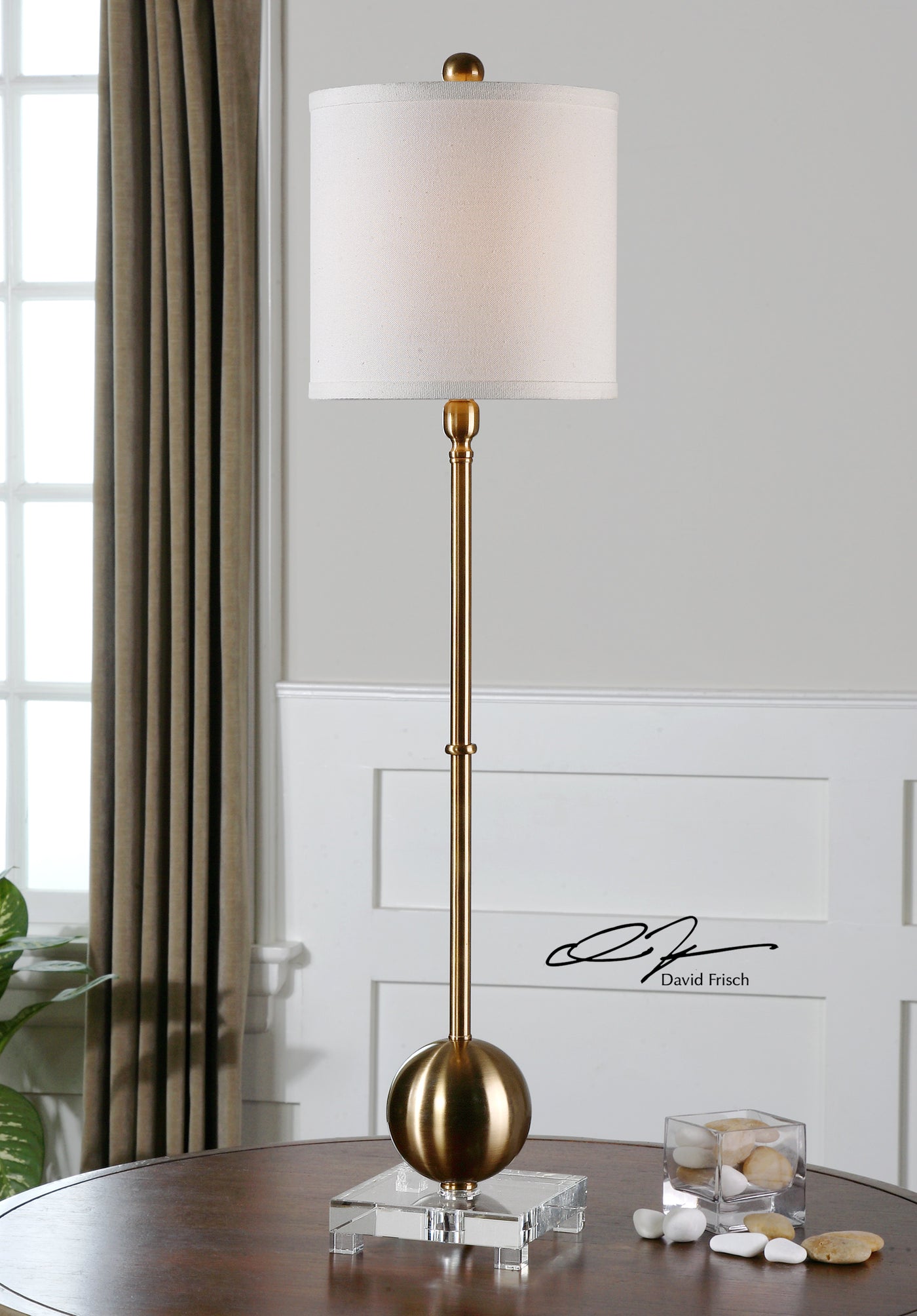 This Versatile Buffet Lamp Features Smooth Iron Details Finished In A Plated Brushed Brass, Accented With A Thick Crystal ...