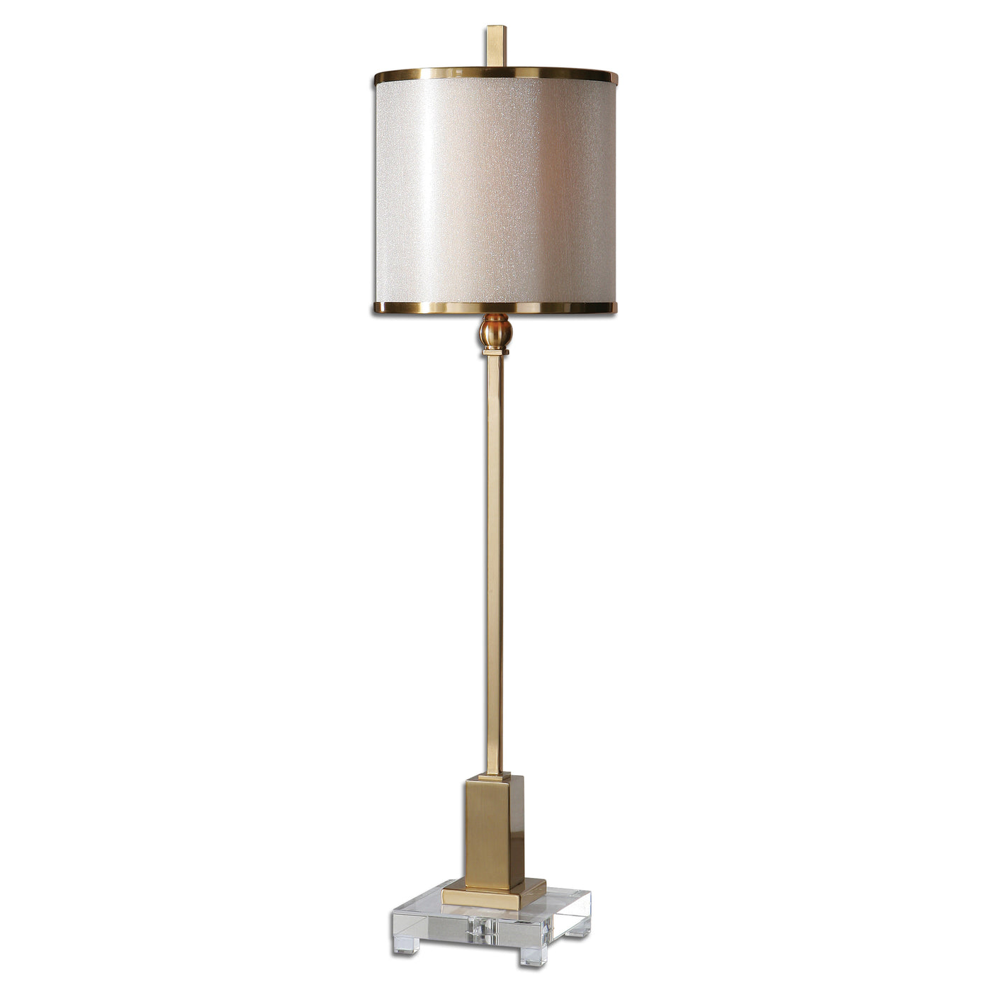 Brushed Brass Plated Metal Accented With A Crystal Foot. The Double Hardback Shades Are A Golden Champagne Inner Shade Wit...