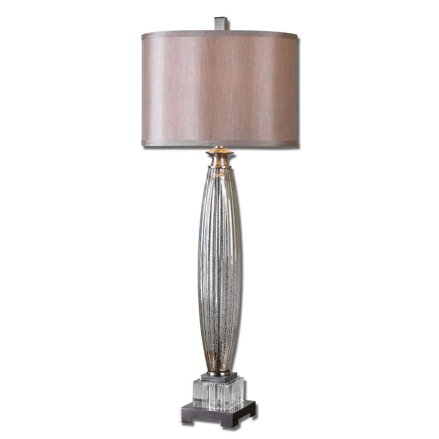 Fluted Mercury Glass With Brushed Nickel Plated Details And Crystal Accents. The Round Hardback Is A Silken Champagne Bron...