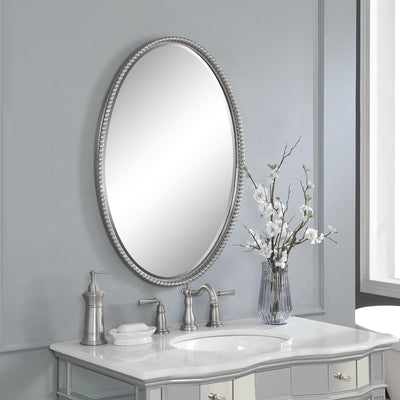 This Oval Mirror Features A Frame Made Of Hand Forged Metal With A Brushed Nickel Finish. Mirror Is Beveled And May Be Hun...