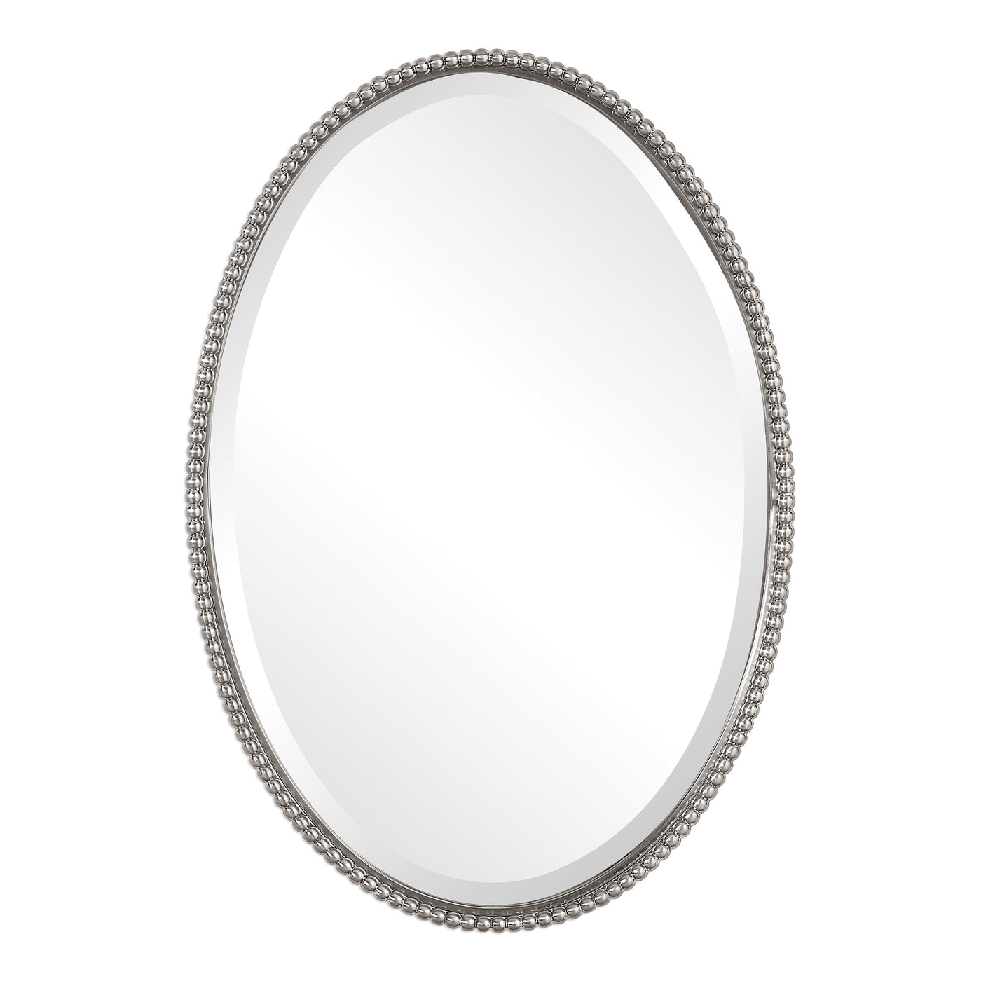 This Oval Mirror Features A Frame Made Of Hand Forged Metal With A Brushed Nickel Finish. Mirror Is Beveled And May Be Hun...