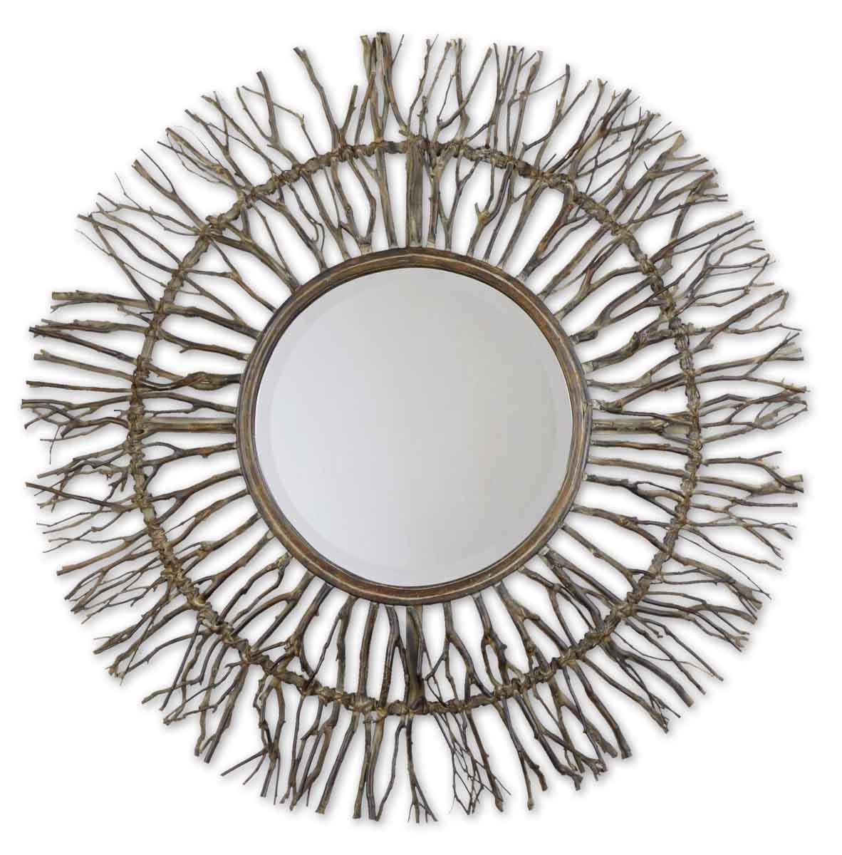 Frame Is Made Of Real Birch Branches Woven Onto A Wooden Frame With Burnished Edges And Light Gray Accents. Mirror Has A G...