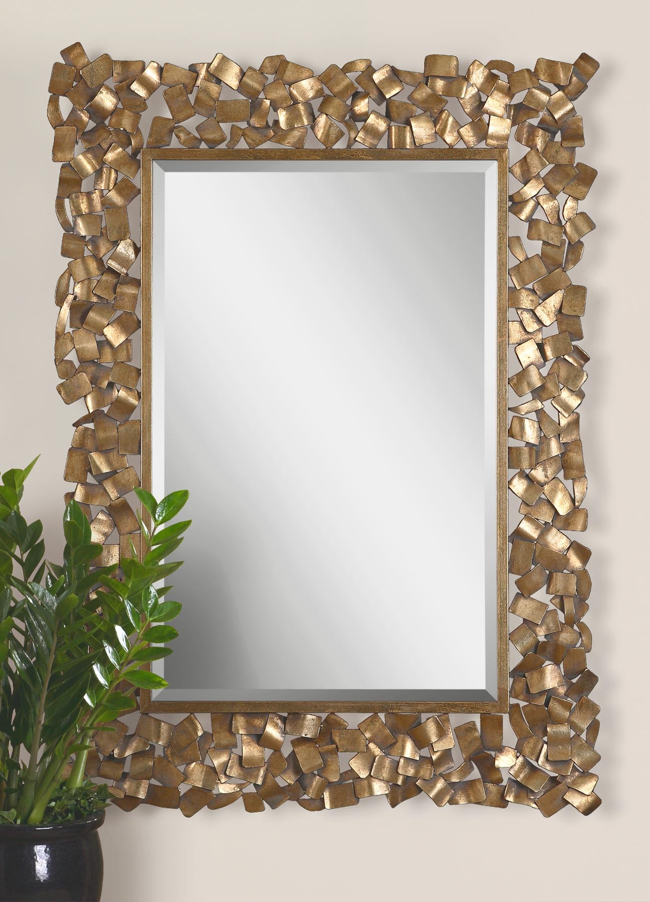 Metal Strips Are Welded Together To Create This Ornate Frame. The Antiqued Gold Leaf Finish Has A Light Gray Glaze. Mirror...