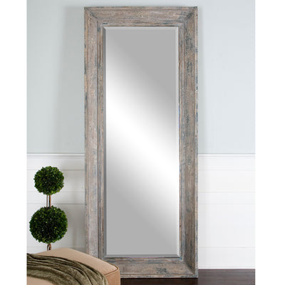 Heavily Distressed, Blue-green Finish With Aged Wood Undertones And Rustic Ivory Accents. Mirror Has A Generous 1 1/4" Bev...