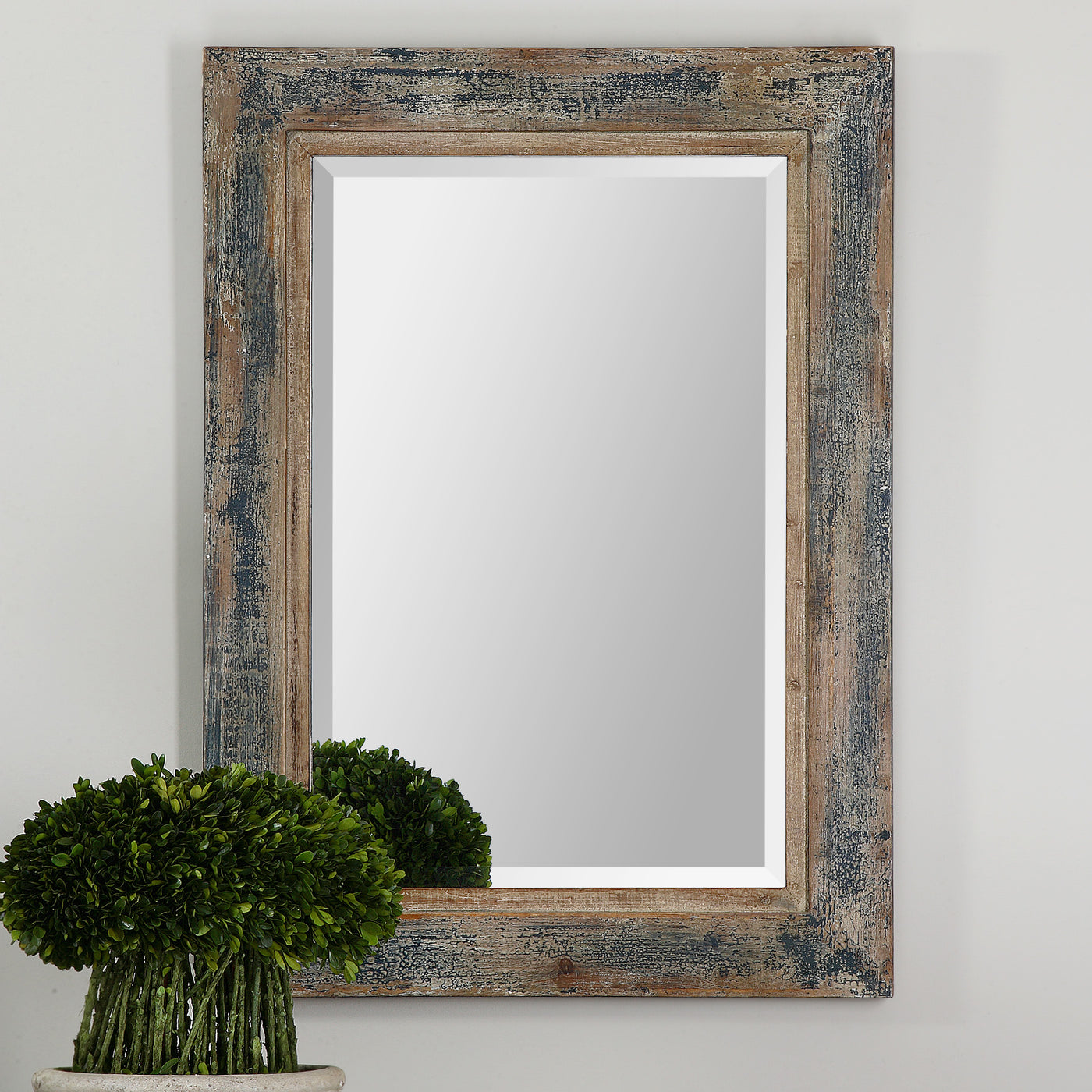 Heavily Distressed, Slate Blue Frame With Aged Wood Undertones And Rustic Ivory Accents. Mirror Has A Generous 1 1/4" Bevel.