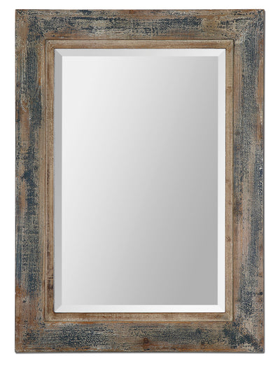 Heavily Distressed, Slate Blue Frame With Aged Wood Undertones And Rustic Ivory Accents. Mirror Has A Generous 1 1/4" Bevel.