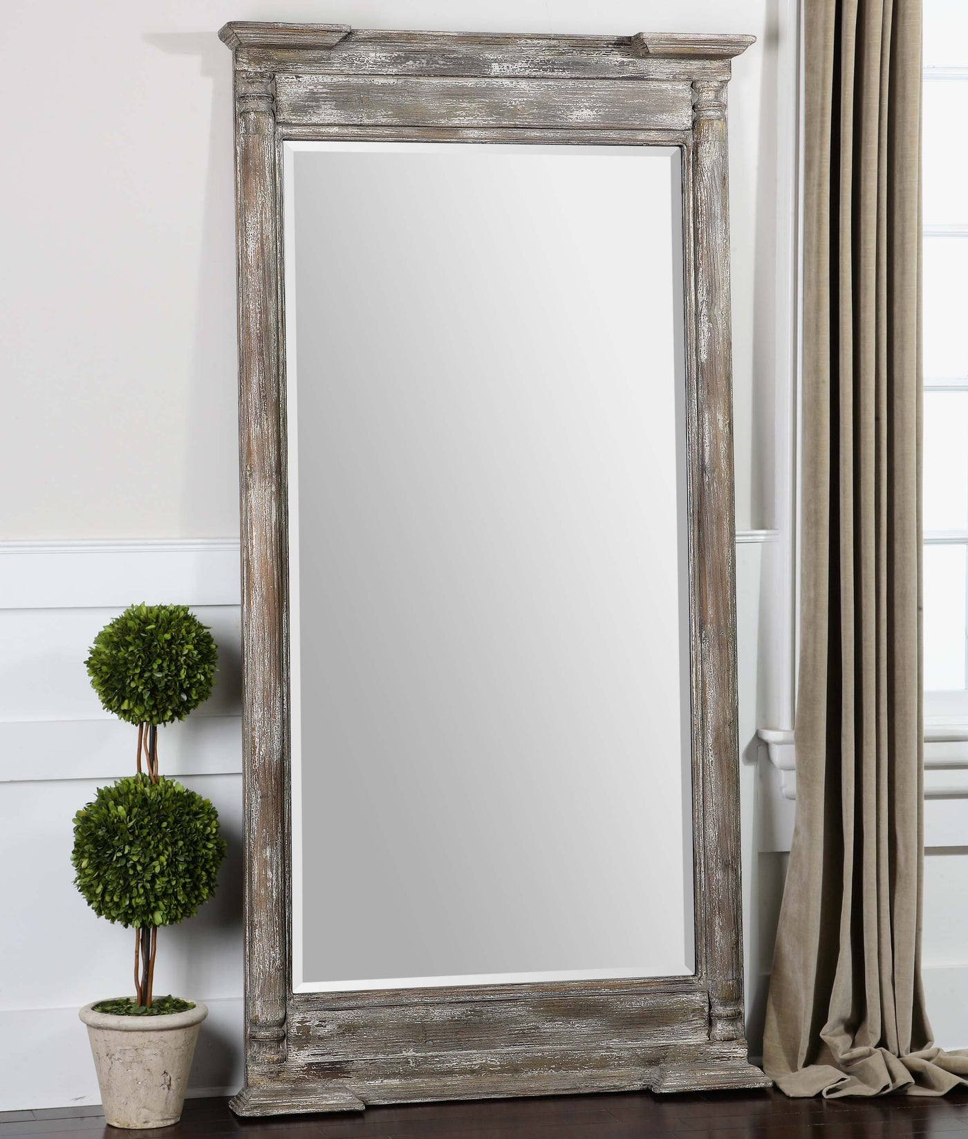 Frame Is Made Of Weathered Wood Covered In A Distressed Ivory Gray Finish. Mirror Features A Generous 1 1/4" Bevel And May...