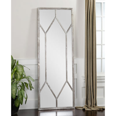 This Oversized Mirror Features A Distressed, Silver Leaf Frame With Noticeable Wood Grains. May Be Hung Horizontal Or Vert...