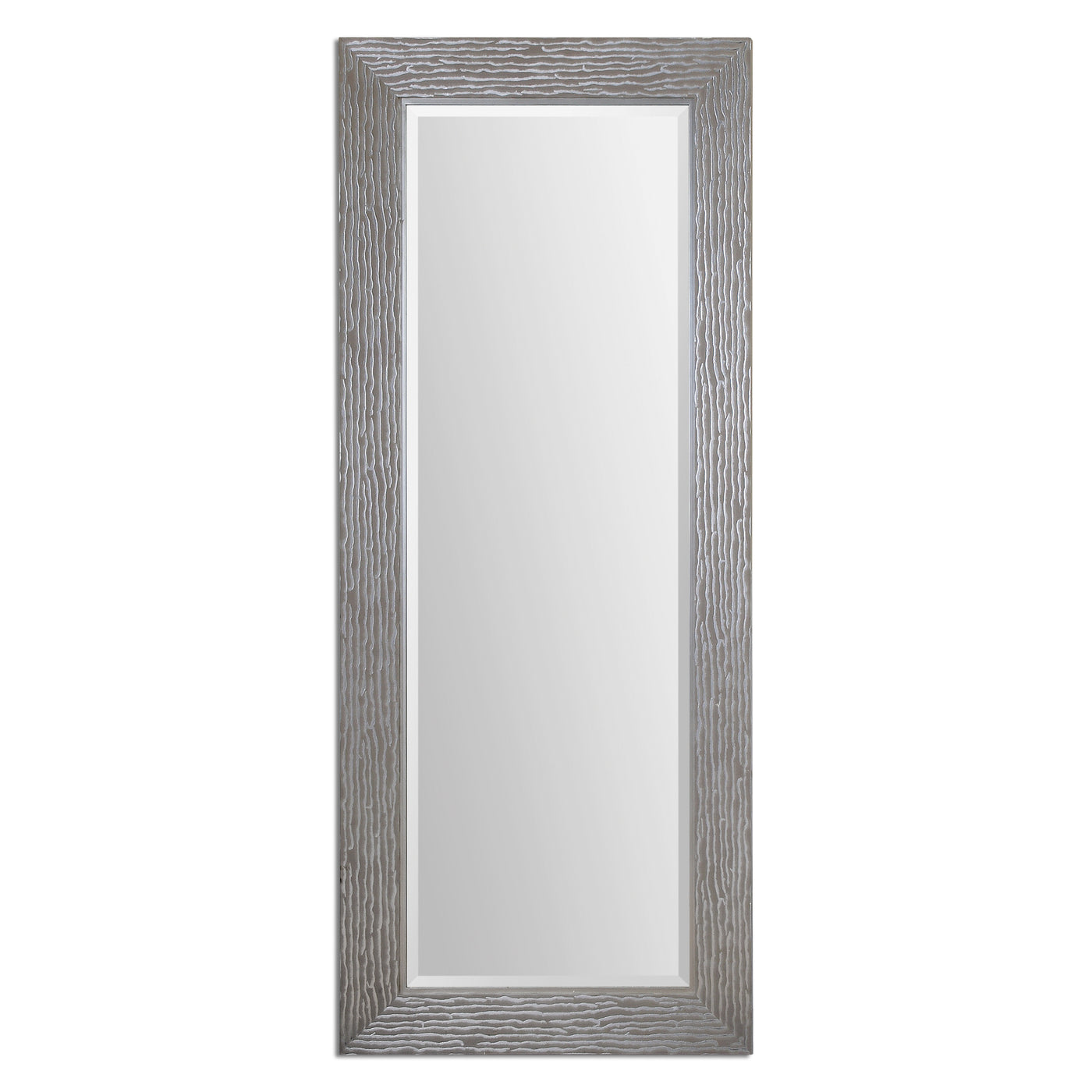 Frame Has A Metallic Silver Finish With A Heavy, Taupe-gray Wash. Mirror Has A Generous 1 1/4" Bevel And May Be Hung Horiz...