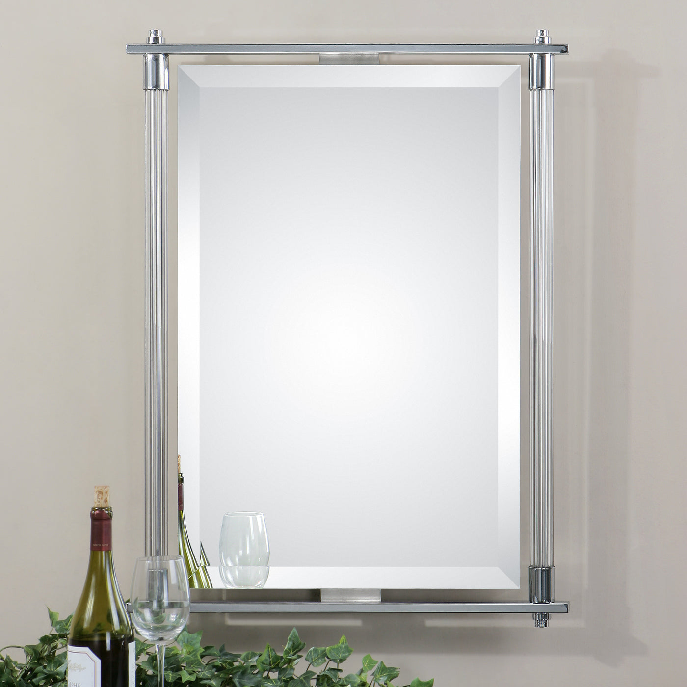 Ribbed Glass Columns Accented With Polished Chrome Plated Details. Mirror Features A Generous 1 1/4" Bevel And May Be Hung...
