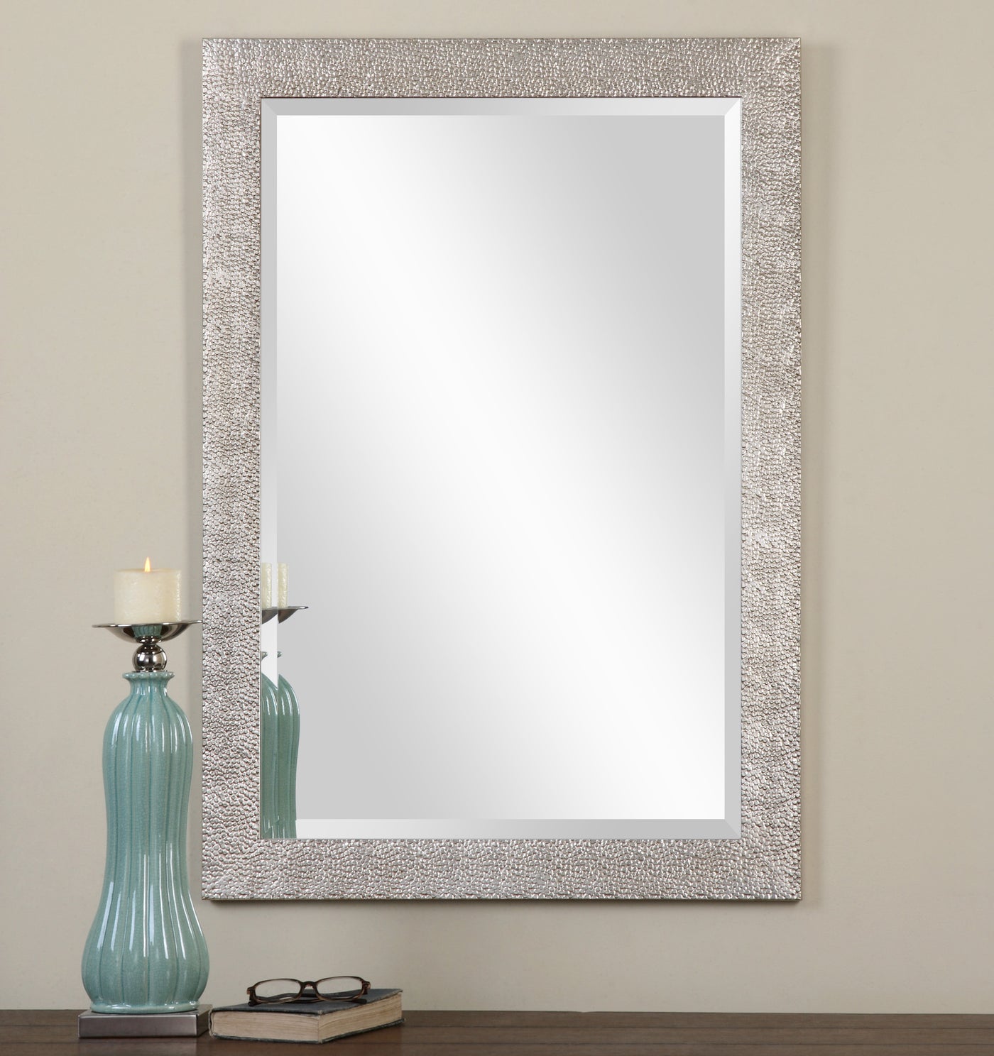 Frame Has A Textured Profile Finished In A Lightly Antiqued Silver. Mirror Features A Generous 1 1/4" Bevel And May Be Hun...