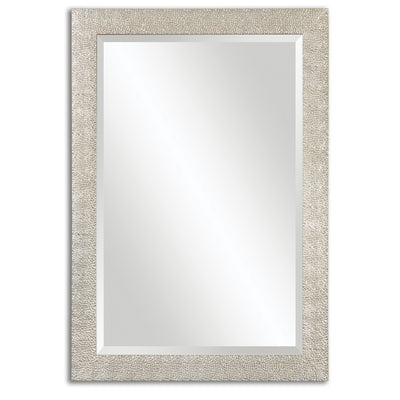 Frame Has A Textured Profile Finished In A Lightly Antiqued Silver. Mirror Features A Generous 1 1/4" Bevel And May Be Hun...
