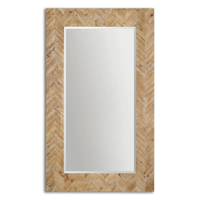 This Stately Mirror Features A Chevron Patterned, Solid Wood Frame Finished With A Light Gray Glaze. Mirror Has A Generous...
