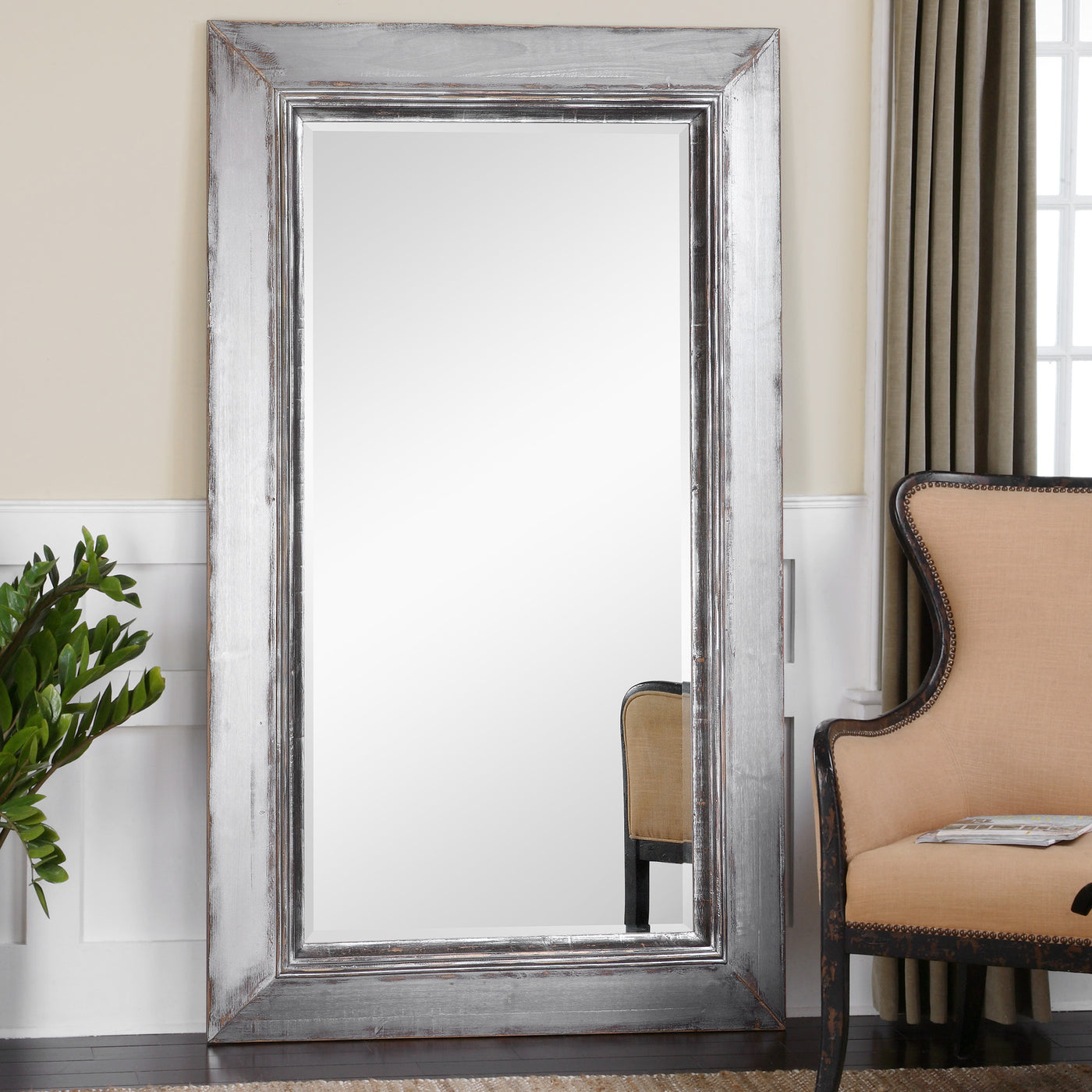 Frame Features A Heavily Distressed, Aged Silver Finish With Rustic Brown And Natural Wood Undertones. Mirror Has A Genero...