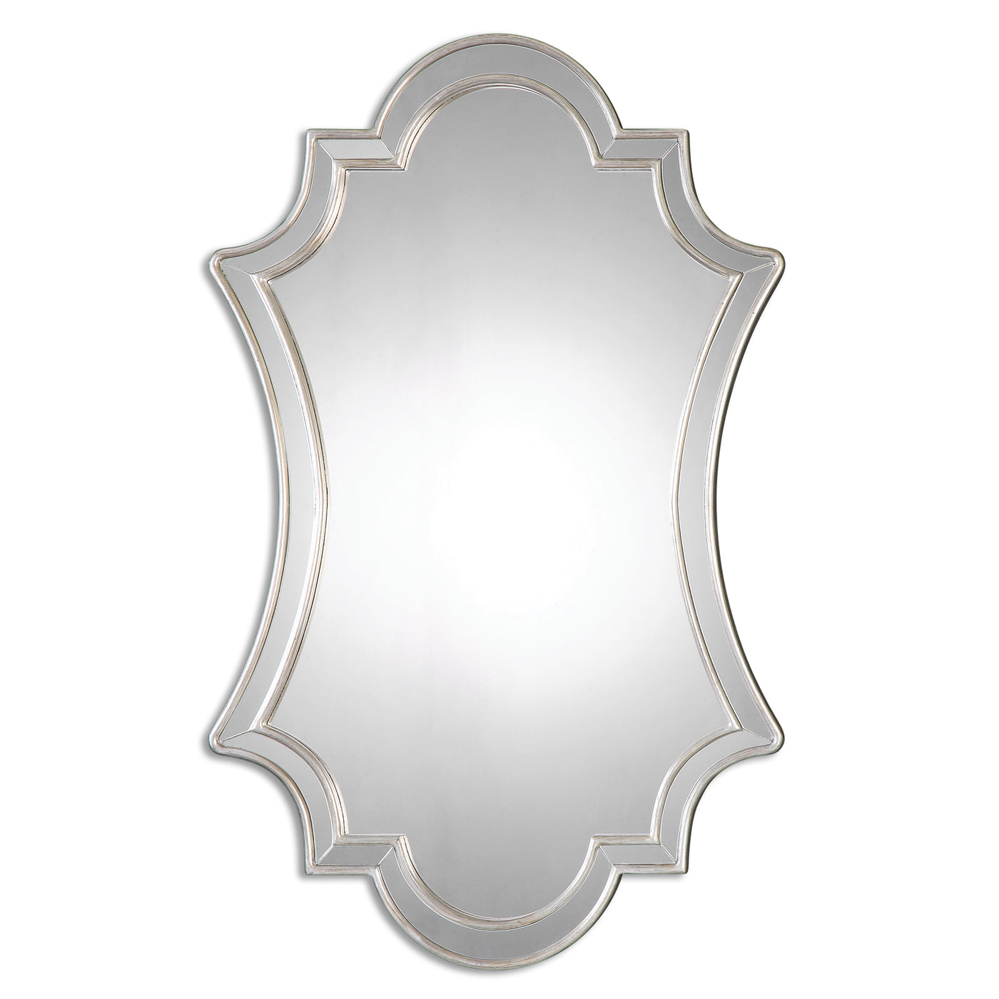 Gracefully Curved Polished Edged Mirror Facets Encased In A Lightly Antiqued Silver Leafed Frame.