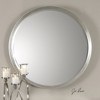 Frame Features A Stepped Profile With Silver Leaf Finish And Black Outer Edge. Mirror Has A Generous 1 1/4" Bevel.
