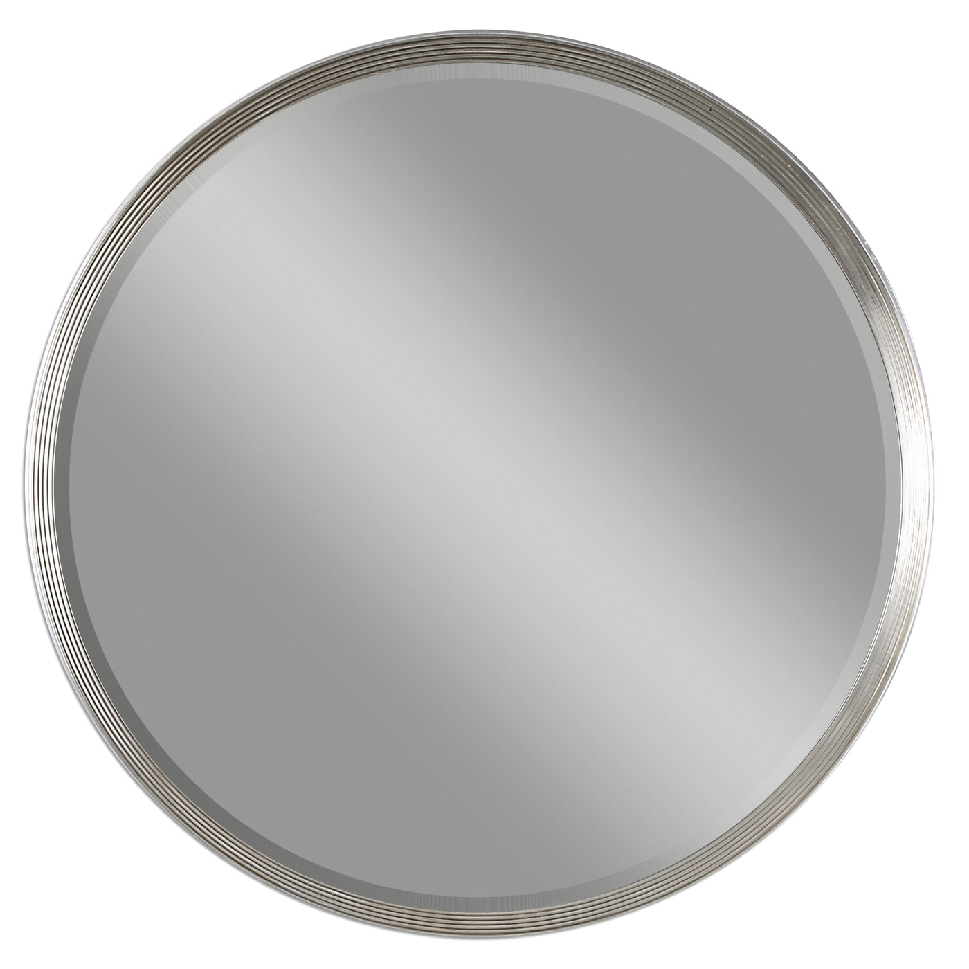 Frame Features A Stepped Profile With Silver Leaf Finish And Black Outer Edge. Mirror Has A Generous 1 1/4" Bevel.