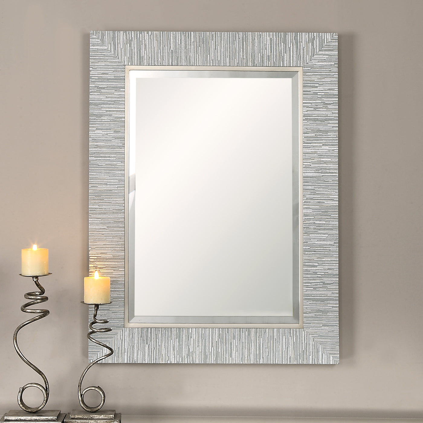 Solid Wood Frame With A Blue-gray And Silver Striped, Textured Wrap Finish Accented With A Silver Leaf Inner Lip. Mirror I...