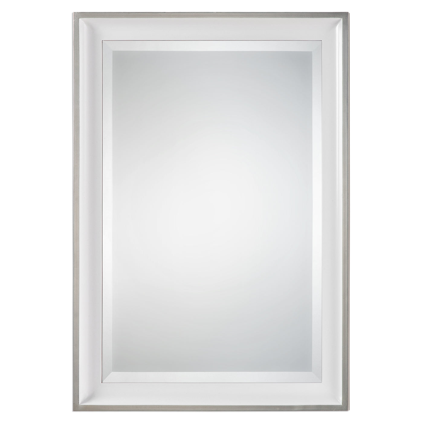 Sloped Profile Frame Finished In Gloss White, Accented With A Silver Leaf Outer Edge. Mirror Is Beveled And May Be Hung Ho...