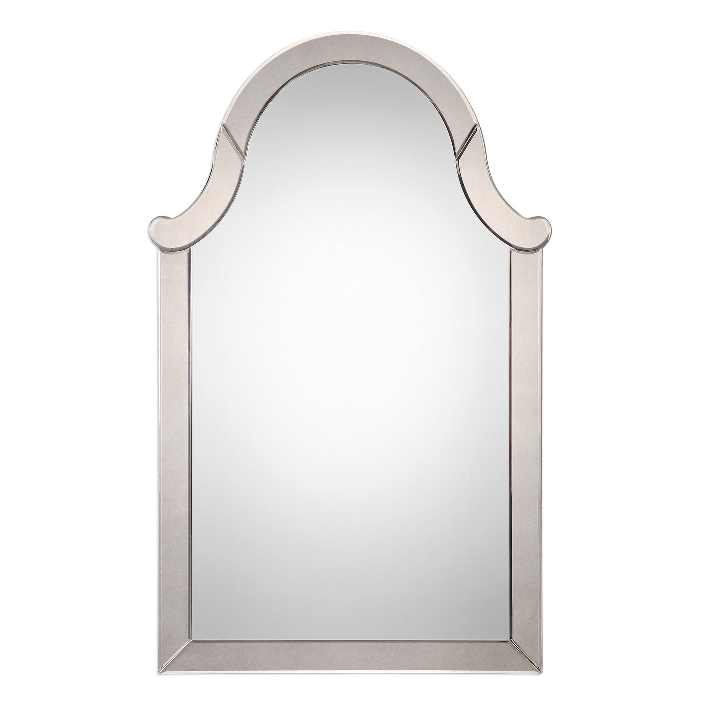 This Frameless Mirror Featuring Hand Beveled Side Mirrors, Displays An Impressive Arch Top.