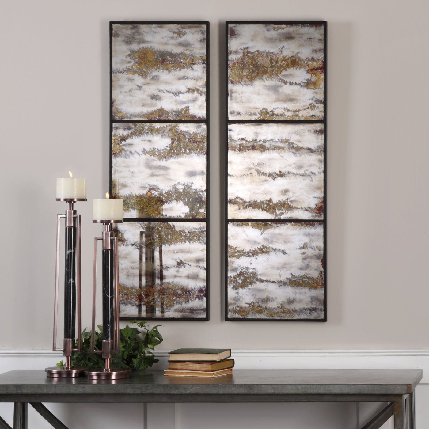 Each Panel Features Three Mirrors With A Heavily Oxidized, Antiqued Mirror In Deep Earth Tones. May Be Hung Horizontal Or ...