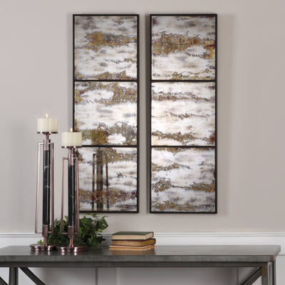 Each Panel Features Three Mirrors With A Heavily Oxidized, Antiqued Mirror In Deep Earth Tones. May Be Hung Horizontal Or ...