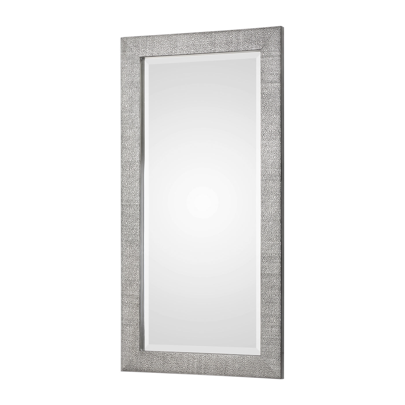 This Contemporary Design Features A Textured Solid Wood Frame Finished In A Metallic Silver With A Light Gray Wash. Mirror...