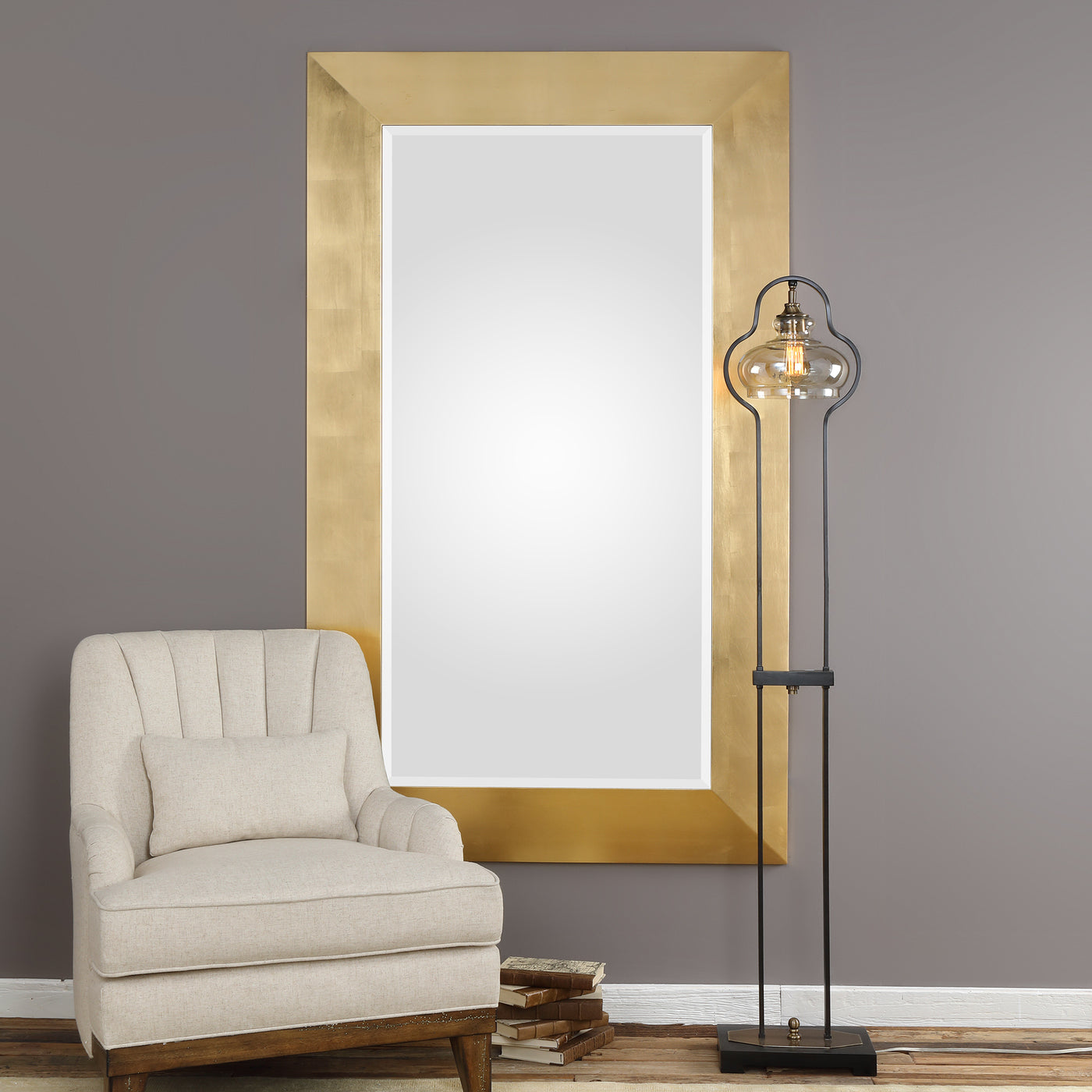 This Solid Pine Frame Features A Sleek Design Finished In A Hand Applied Gold Leaf. Mirror Features A Generous 1 1/4" Beve...