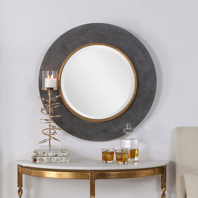 This Round Mirror Features A Sleek, Solid Wood Constructed Outer Frame That Is Finished In Mottled Charcoal Concrete Look,...