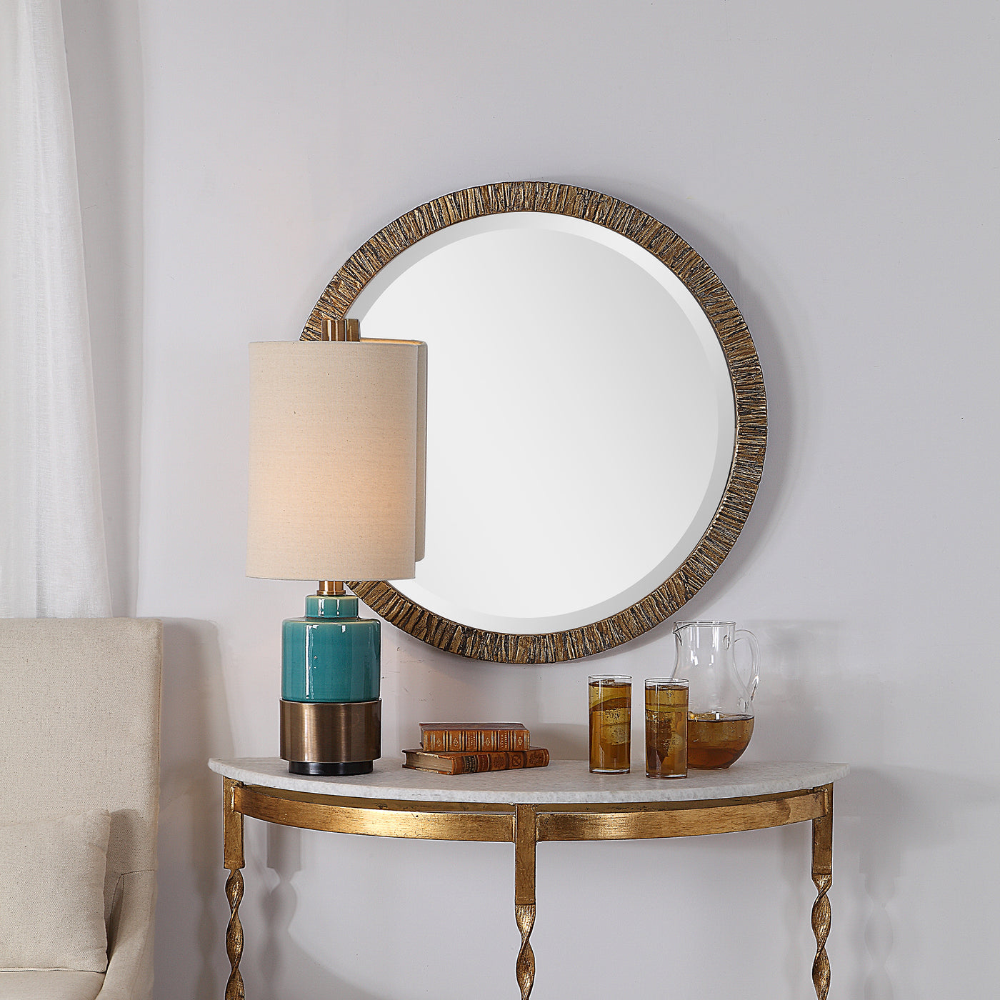 This Classic Round Mirror Showcases A Modern Style That Is Easy To Place In Any Design. The Solid Wood Frame Is Covered In...