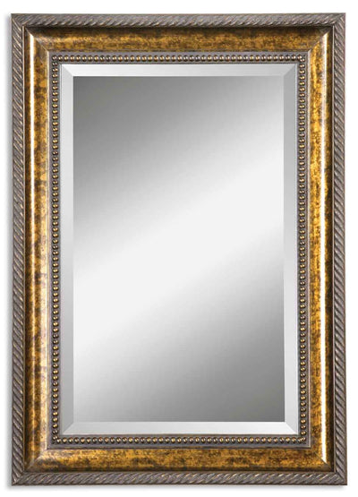 This Large Mirror Features A Thick Wood Frame Hand Finish In Bronze Leaf. The Mirror Has 1 1/4" Bevel And May Be Hung Hori...