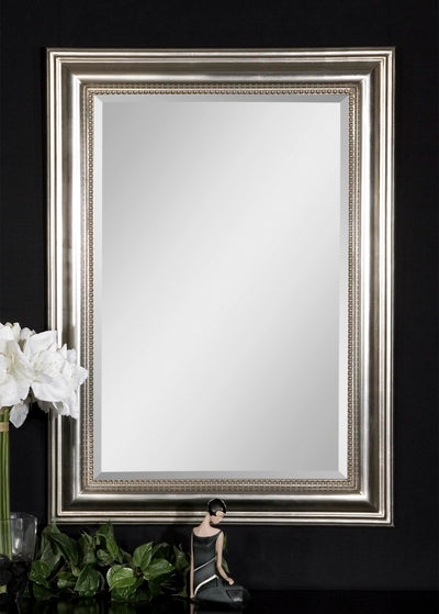 This Decorative Mirror Features A Wood Frame Finished In Silver Leaf With A Gray Glaze. Mirror Is Beveled And May Be Hung ...