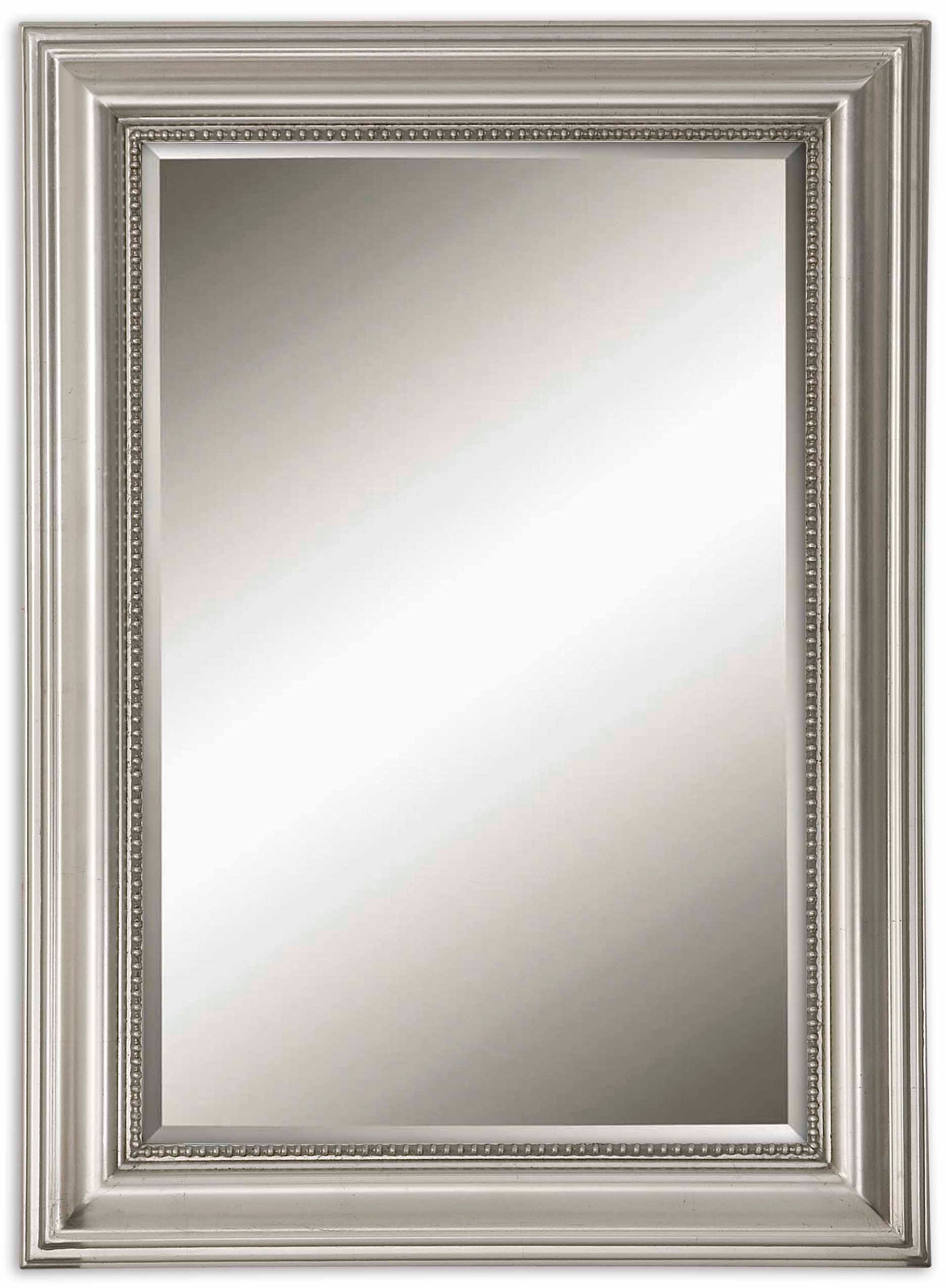 This Decorative Mirror Features A Wood Frame Finished In Silver Leaf With A Gray Glaze. Mirror Is Beveled And May Be Hung ...