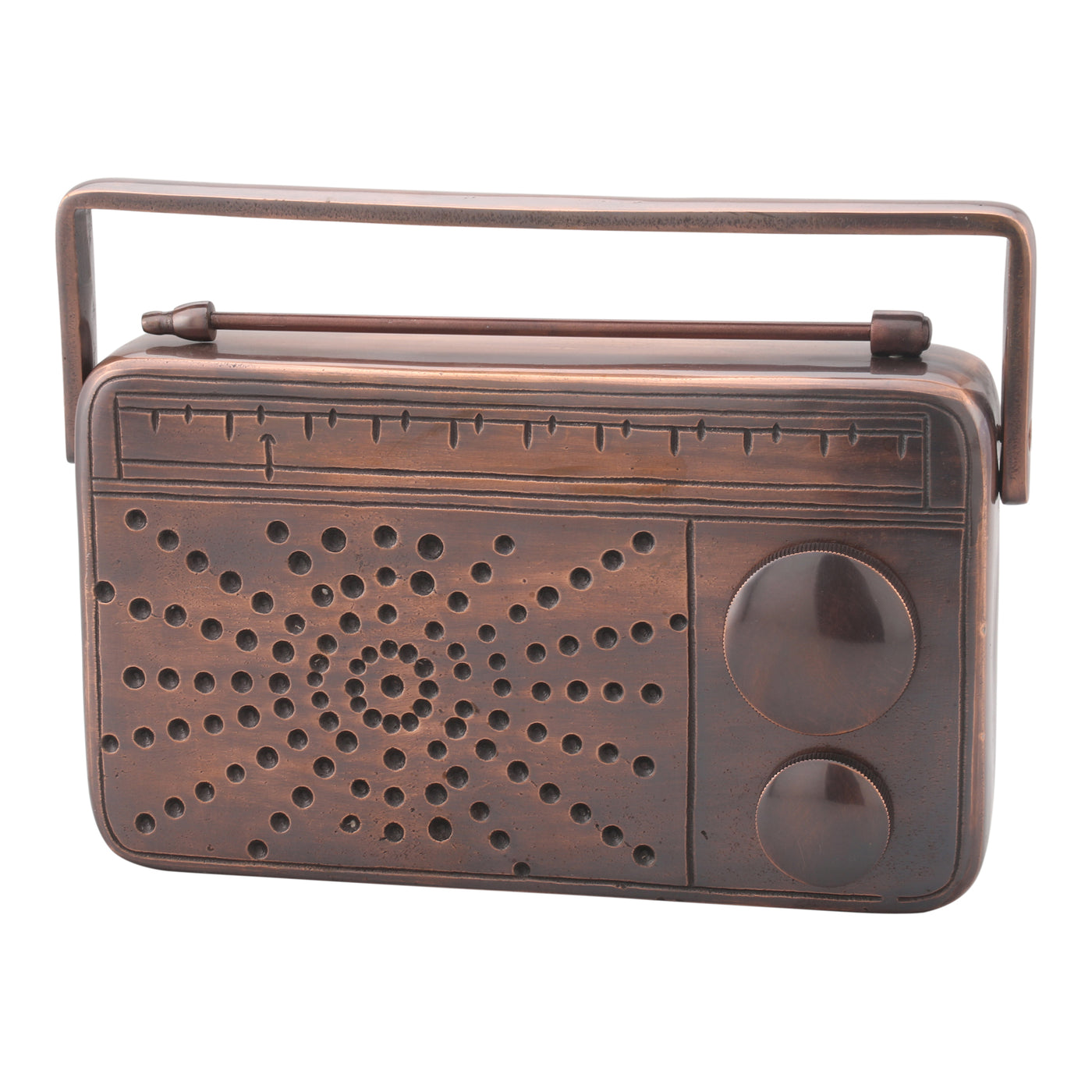 A classic transistor radio table top cast in aluminum with an antique-bronze finish, perfect retro piece to add in your sp...