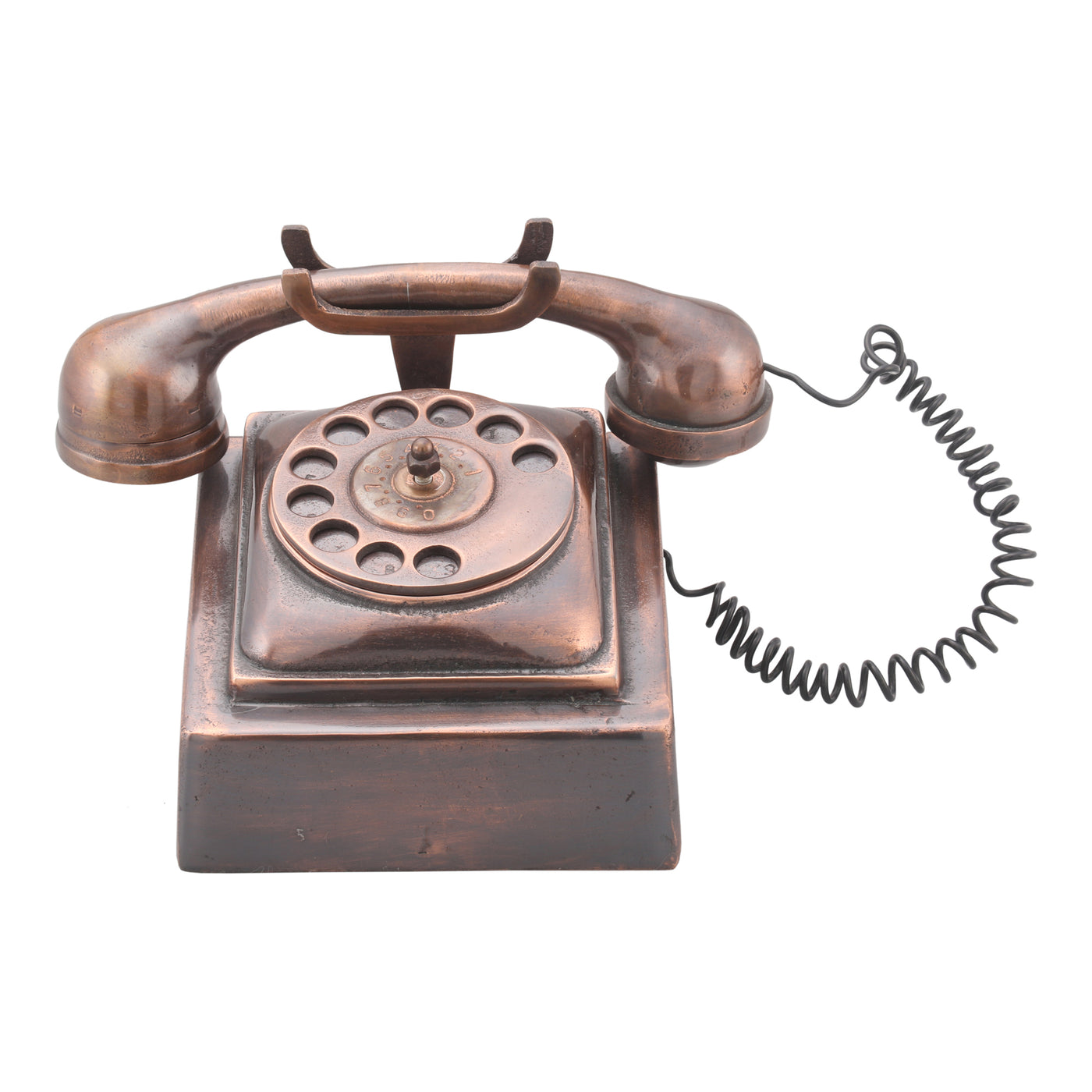 An early model rotary phone, cast in aluminum and given an antique-bronze finish. perfect retro piece to add in your space...
