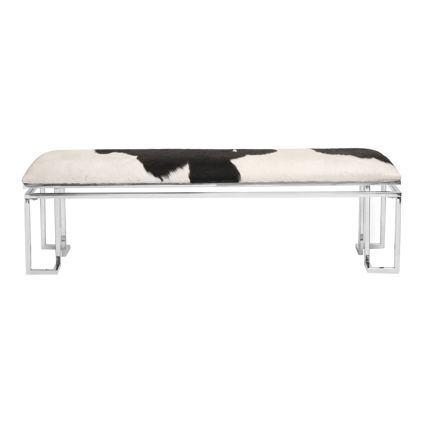 This modern bench combines unfinished cowhide on a slick stainless steel frame for a fashionable, designer look. Ideal ent...