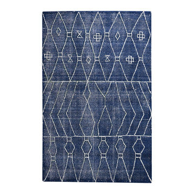 Hand Woven, Over Dyed, Indigo Blue Wool, Featuring A Bold White Tribal Inspired Design.