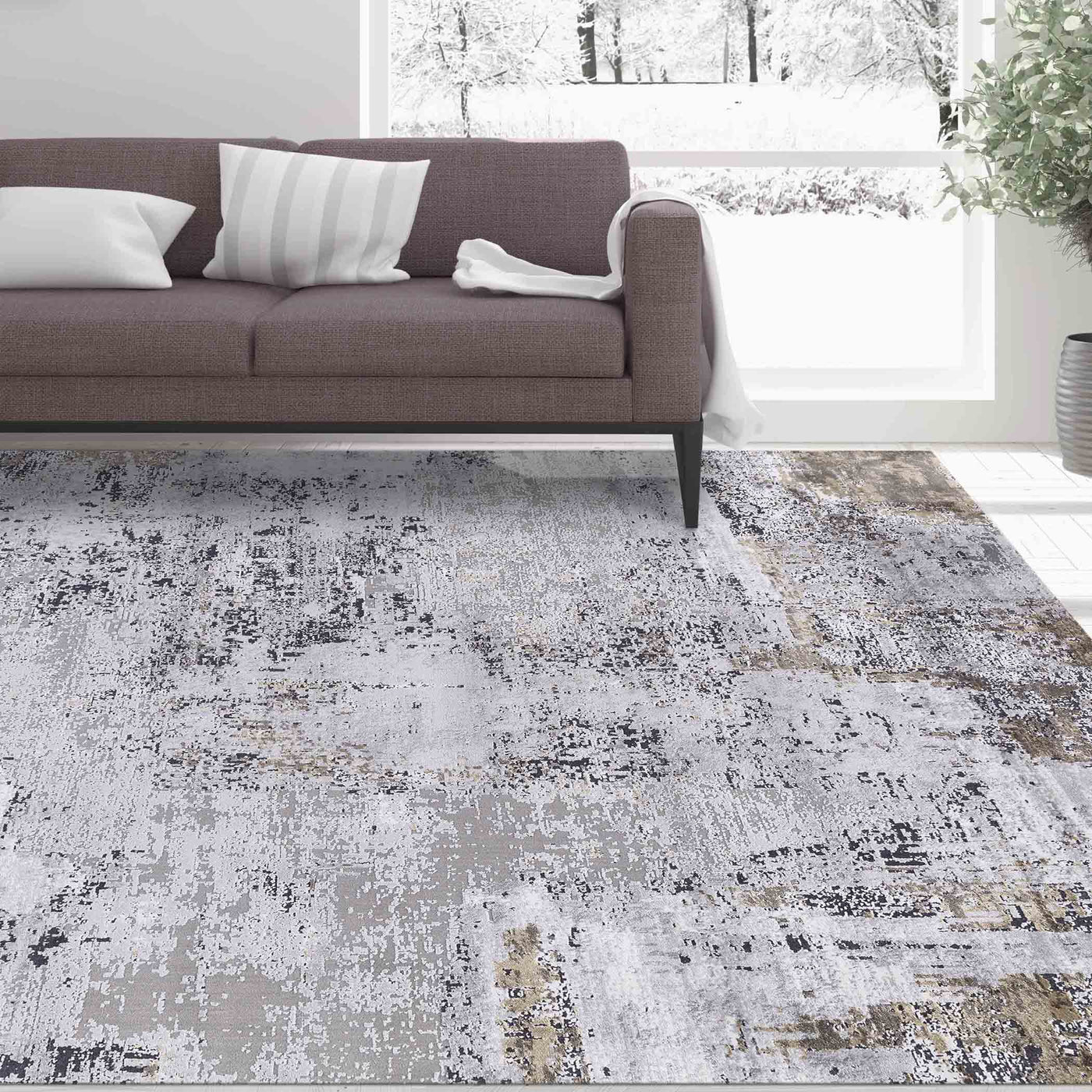 This Power Loomed Rug Features An Abstract Design In Multi Shades Of Gray And Hints Of Ivory, With Taupe Gold Detailing, C...
